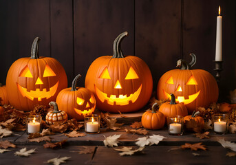 Obraz premium Rustic Halloween pumpkin decorations with glowing jack o’lanterns, white pumpkins and candlelight on wooden background, cozy autumn festive scene