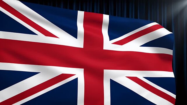 Dynamic Union Jack flag waving majestically against a deep blue curtain, symbolizing pride and patriotism