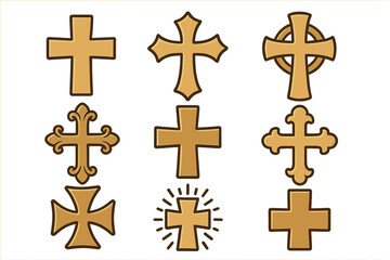 Set of various Christian cross vector icons. Collection of religious symbols for faith and spirituality. Includes Celtic, Maltese, and classic crucifix designs. Cartoon illustration.