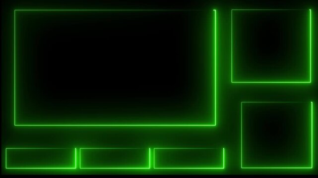 Intermission Stream Overlay Animated, Neon Sign looping facecam and chat for live streaming ,Frame border HUD element. HUD viewfinder. Intermission Stream Overlay Animation. green color neon box...