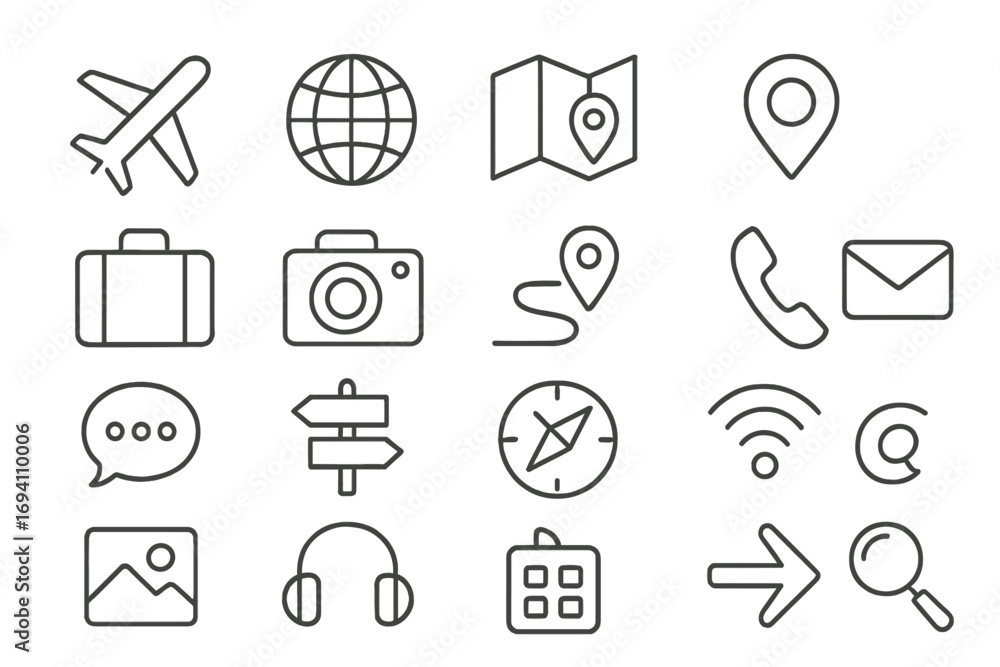 Poster travel and communication line icon set. simple outline icons for web and mobile. vector symbols coll