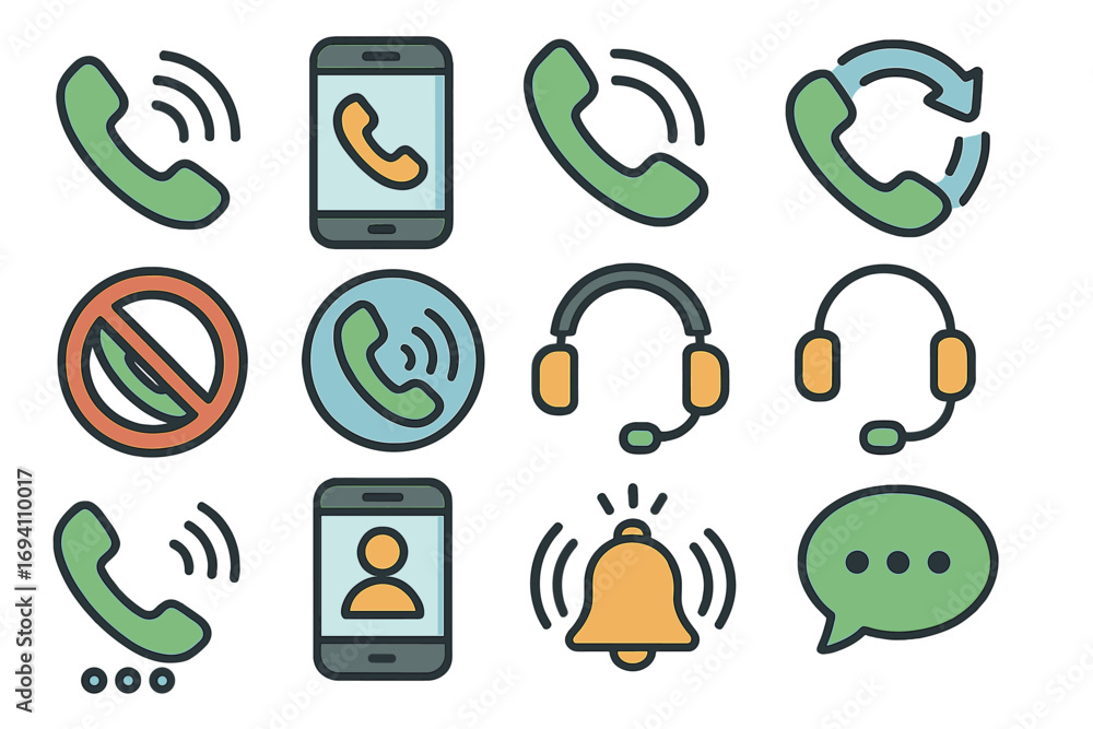 Poster phone communication vector icon set. collection of cartoon symbols for mobile app and web design. in