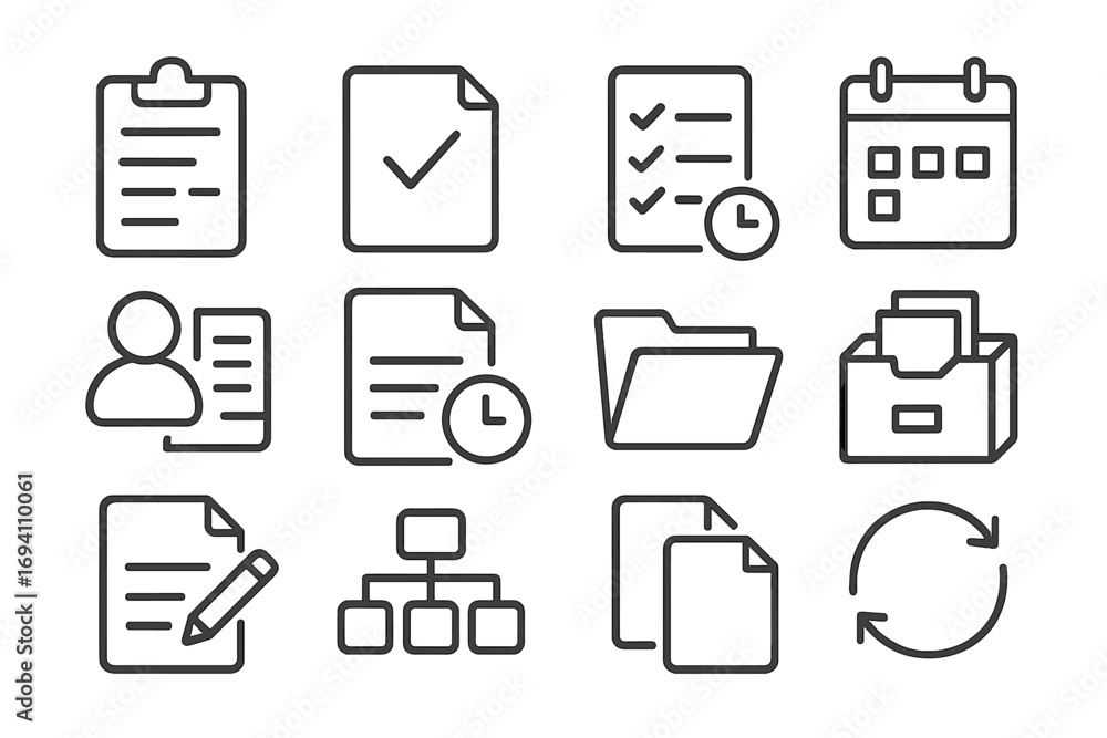 Poster business workflow and project management icon set. simple line icons for documents, tasks, organizat