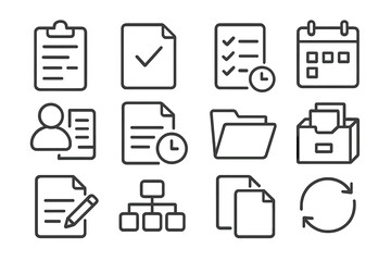 Business workflow and project management icon set. Simple line icons for documents, tasks, organization, and planning. Office administration and data management symbols.