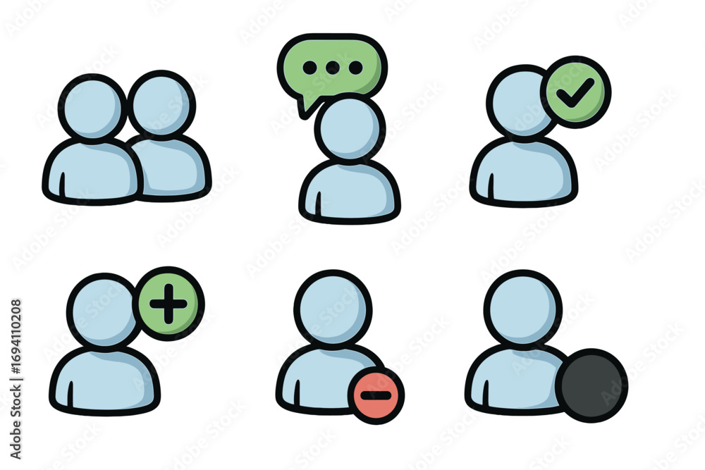Poster user interface icon set for web and apps. includes add friend, remove user, group, chat message, and