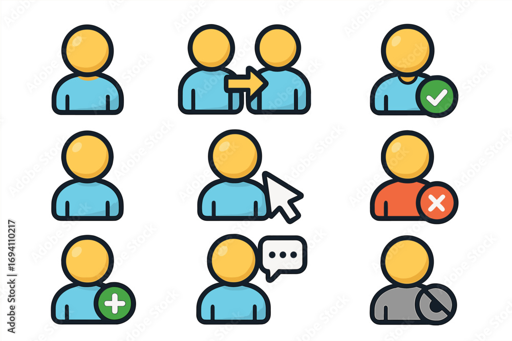 Fototapete user profile icon set. ui ux design elements. people avatars showing status: add, delete, block, ver