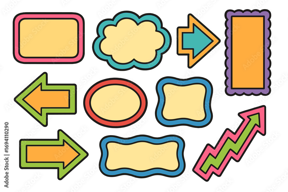 Poster collection of colorful vector frames and arrows. cartoon sticker style text boxes, signs, and labels