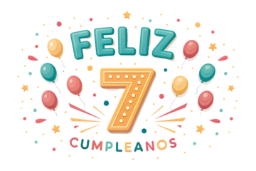 Feliz Cumpleanos 7 Balloons Confetti Stars seven birthday PNG Transparent background