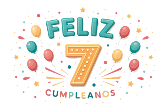 Feliz Cumpleanos 7 Balloons Confetti Stars seven birthday PNG Transparent background