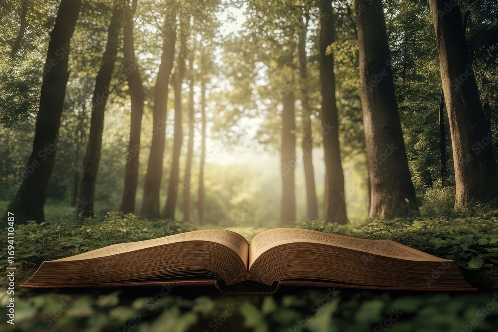 Aufkleber open book resting on forest floor with sunlight filtering through trees in vibrant greenery