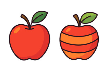 Two red apple vector illustration set. Flat cartoon style fruit icons. Simple plain and striped design variation. Healthy food, organic, diet, fresh vitamin concept. Shiny fruit.