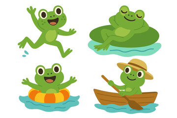 Obraz premium Cute frog character set. Vector flat illustration of playful cartoon frogs in fun summer activities. Jumping, relaxing on a lily pad, swimming in a ring, and rowing a boat.