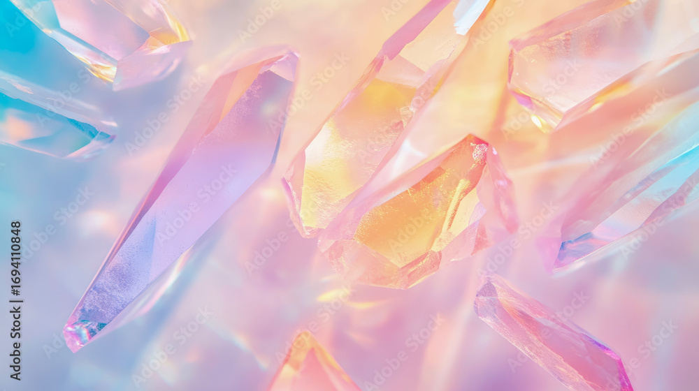 Poster ethereal close-up of shimmering iridescent crystals displaying mesmerizing spectrum of soft pastel p