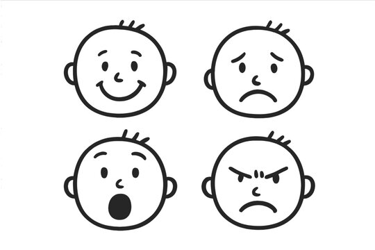 Set of basic emotions. Facial expressions collection. Happy, sad, surprised, angry face. Moods. Simple doodle cartoon character head. Emoji, emoticon concept vector illustration.