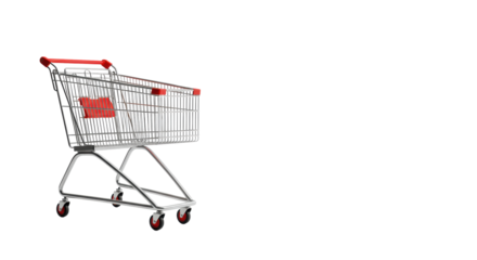 A clean, empty metallic silver shopping cart with black wheels and red accents, studio shot on a transparent background, ample copy space, concept for e-commerce and digital opportunity
