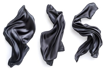 Black silk fabric flowing in the air, isolated on a white background, viewed from three different angles.