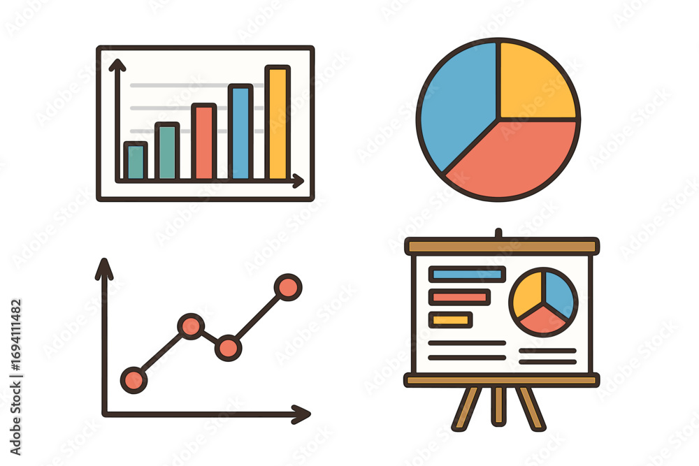 Poster set of business data analysis icons. graphs, charts for performance metrics. vector illustration for