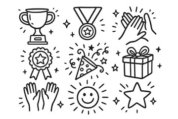 Hand-drawn celebration doodle icon set. Vector cartoon illustration of awards, trophy, medal, and success symbols. Applause, party popper, gift, and cheerful icons for joyful occasions.