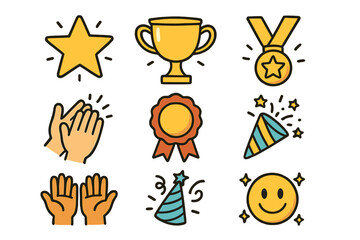 Celebration award icon set. Hand-drawn doodle collection of winner prize symbols. Trophy, gold medal, star, applause hands, and party popper for success and achievement.
