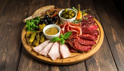 Assortment of cured meats and delicacies served on a rustic wooden platter