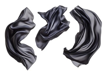 Black silk fabric flowing in the air, isolated on a white background, viewed from three different angles.