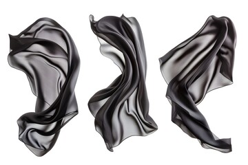 Black silk fabric flowing in the air, isolated on a white background, viewed from three different angles.