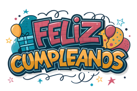 Feliz Cumpleanos Graffiti Style Balloons Gifts Stars happy birthday PNG Transparent background