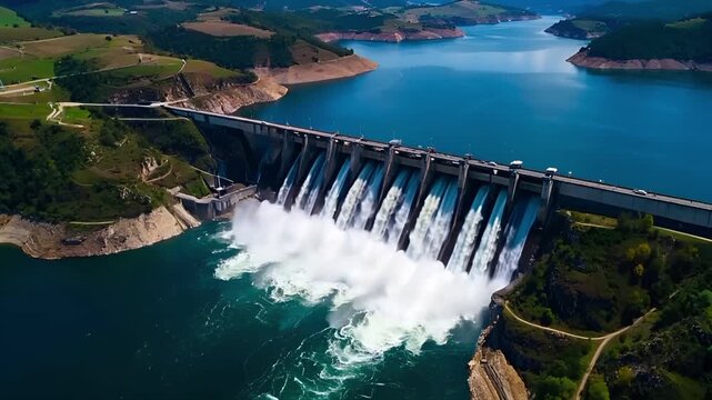 ドローン空撮で捉えた大規模なダムから水が勢いよく流れる光景です。
再生可能エネルギーである水力発電の迫力と持続可能性を表現しています。