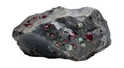 Dark rock with embedded ruby-red crystals