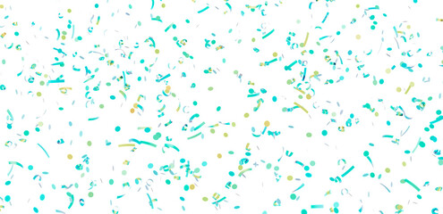 Image of teal, green, and yellow confetti falling on a white background. Perfect for celebrations and festive designs.