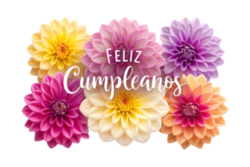Feliz Cumpleanos Text On Assorted Dahlia Flowers happy birthday spanish PNG Transparent background