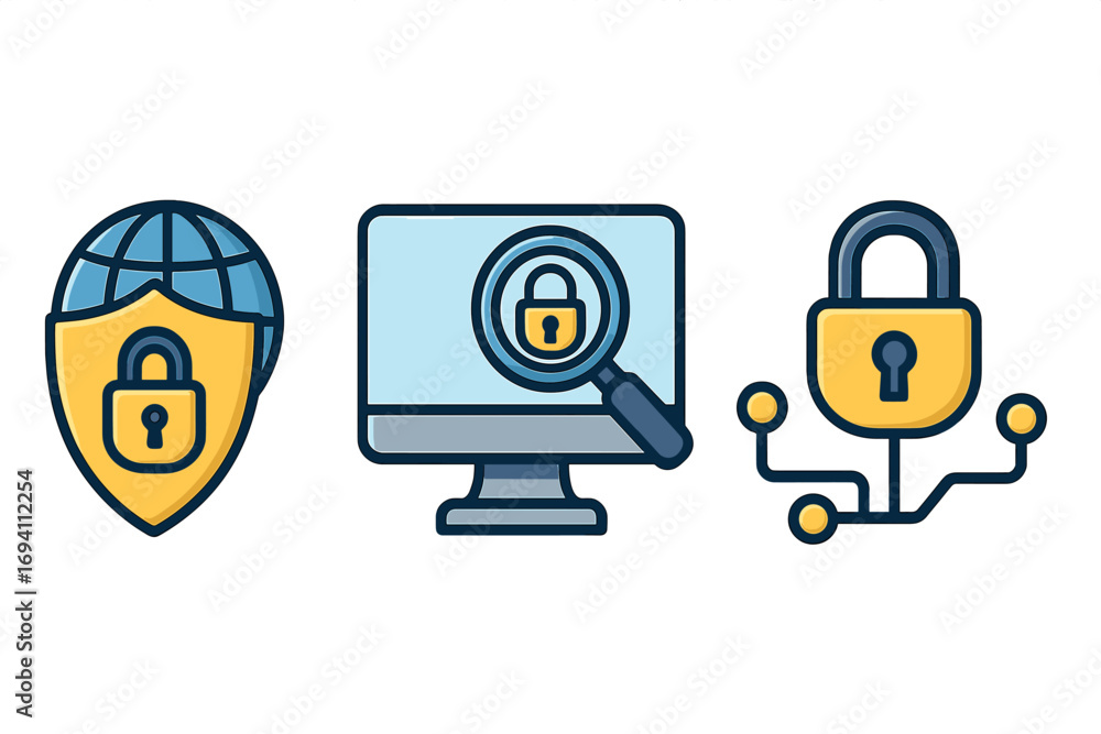Poster cybersecurity icon set for network security and data protection. concepts of secure internet analysi