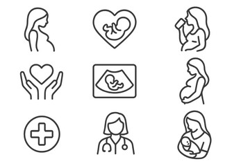 Pregnancy and maternity icon set, prenatal care line art, maternal health symbols, wellness and parenting illustration, newborn and ultrasound vector collection, healthcare outline graphics