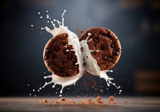 Two chocolate chip cookies splash with white milk and crumbs over a dark background and surface