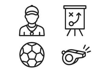 Sports and coaching outline icon set with whistle, soccer ball, coach, and strategy board. Training, referee, football symbols. Linear vector cartoon illustration with transparent background.