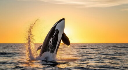 Fototapeta premium Orca, A large killer whale is jumping out of the water. The sun is setting in the background