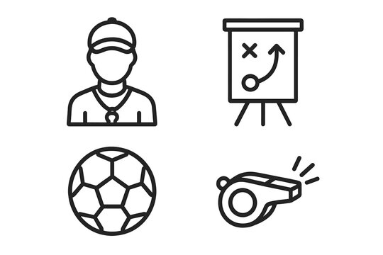 Sports and coaching outline icon set with whistle, soccer ball, coach, and strategy board. Training, referee, football symbols. Linear vector cartoon illustration with transparent background.
