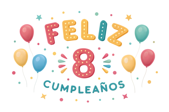 Feliz Cumpleanos with Number 8 and Balloons on PNG Transparent background happy birthday spanish - Powered by Adobe