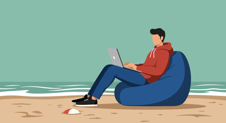 Young man working remotely on a laptop while relaxing on a bean bag on a sandy beach. Represents modern flexible work, digital nomad lifestyle, and travel productivity.