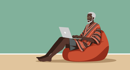 Elderly African man comfortably working on a laptop from a bean bag chair at home, embodying modern remote work and digital lifestyle.