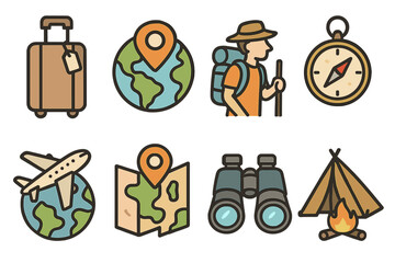 Travel icons set with suitcase, globe map pins, hiker, compass, airplane, map, binoculars, and camping tent with fire in minimalist cartoon style vector illustration