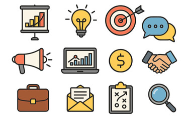 Various business and marketing icons in a clean layout, showcasing tools for success, communication, strategy, finance, and productivity in a modern workspace vector cartoon illustration
