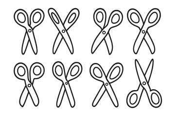 Various scissor icons set in grid layout for design and crafting projects, digital and print use, art supplies vector, cartoon style, cutting tools illustration, craft and sewing accessories