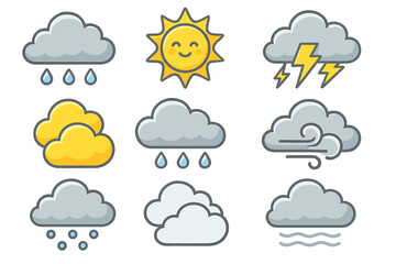 Weather icon collection with rain drops, sunshine, clouds, thunderstorm, wind, snow, fog, and atmospheric conditions. Cartoon style vector illustration for design projects with transparent background