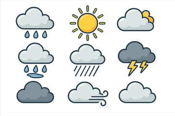 Weather icon collection featuring rain drops, sunshine, clouds, thunderstorms, wind, atmospheric conditions, cartoon style vector illustration, transparent background for design projects