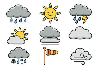 Weather icon collection featuring rain drops, sunshine, thunderstorm, cloudy sky, snow rain, wind symbol, weather forecast set in colorful vector cartoon style with transparent background
