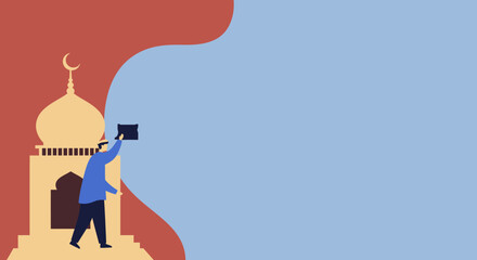 Muslim man in traditional attire holding a sacred item near a mosque silhouette, symbolizing faith and religious observance. Ideal for Islamic holidays, cultural events, or spiritual content.