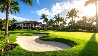Tropical golf course with luxury home