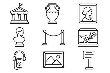 Museum exhibit linear icon set with artifacts and gallery display symbols, line art style vector cartoon illustration, transparent background, ordered set of cultural and historical icons