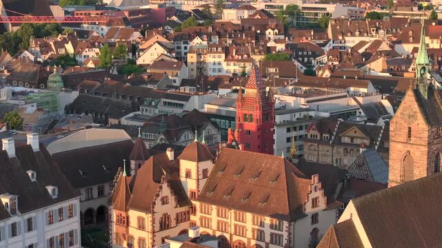 Basel Town Hall or Rotes Rathaus in Basel City Center, Switzerland on Summer Morning. Sunrise Light in Altstadt, Aerial.